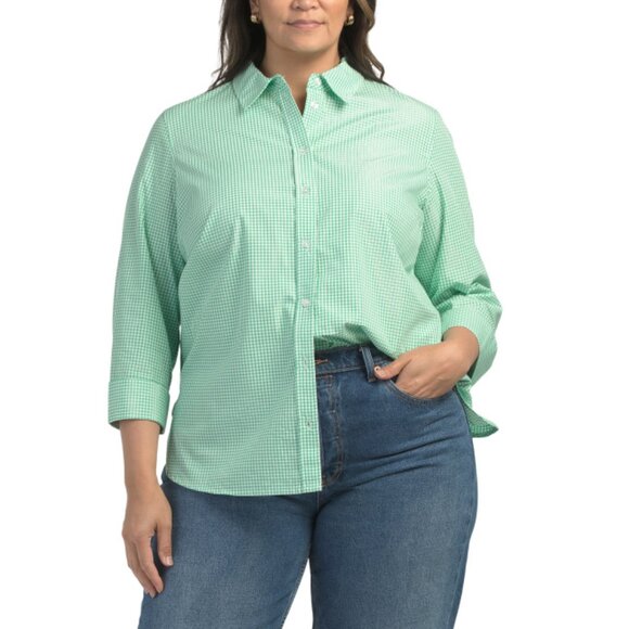 KASPER White/Green Plus Button Front Shirt - Picture 1 of 2